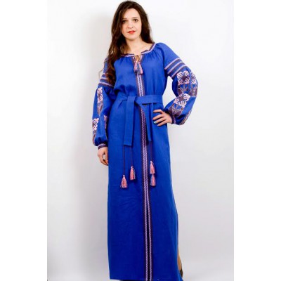 Boho Style Ukrainian Embroidered Maxi Broad Dress Blue "Flower Fantasy"